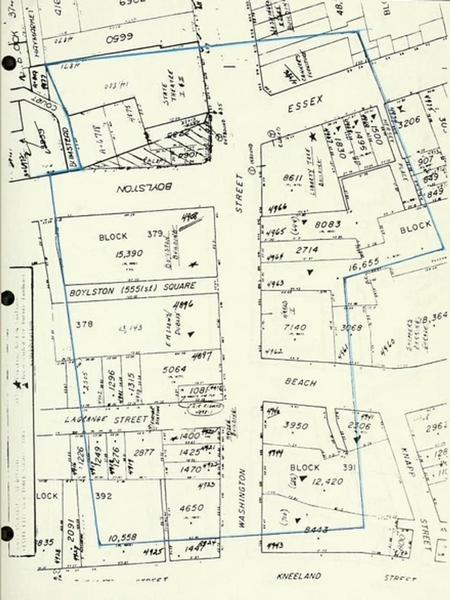 The Boston Redevelopment Authority's 1974 zoning map showing the boundaries of the city's designated adult entertainment district around Washington Street.